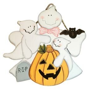 Pumpkin Ghost Family Bat Wall Hanging RIP Tombstone Cute Halloween 10"